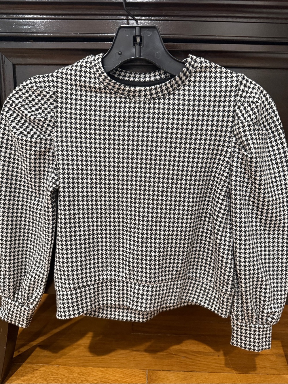 Zara Black and White Houndstooth Puff-Sleeve Crewneck Sweater